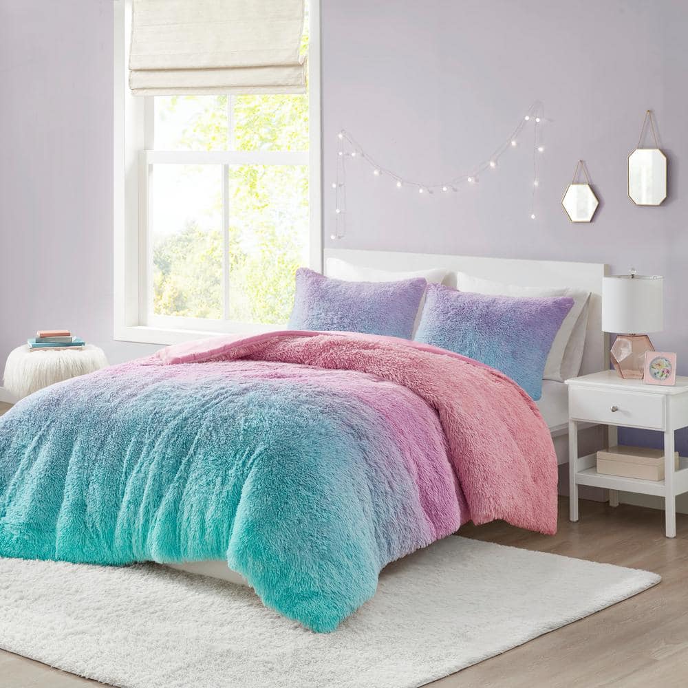 Primrose - Ombre Shaggy Faux Fur Comforter Set - Purple Multi, image size:1000x1000