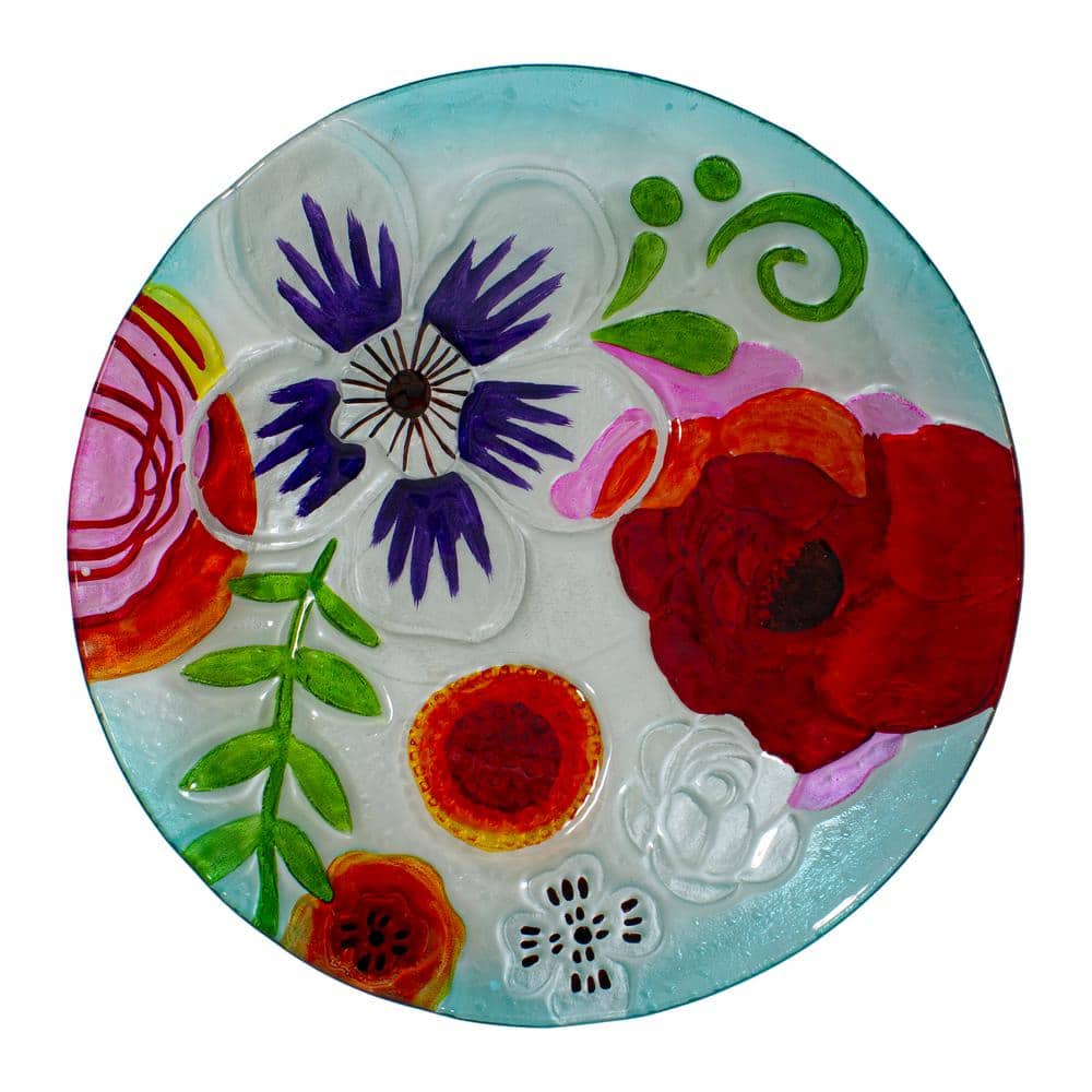 21" White and Multicolor Hand Painted Floral Glass Outdoor Birdbath with Stand