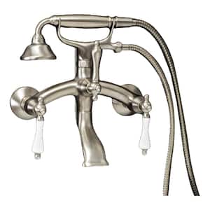 Vintage Style 3-Handle Wall Mount Claw Foot Tub Faucet with Porcelain Levers and Handshower in Brushed Nickel