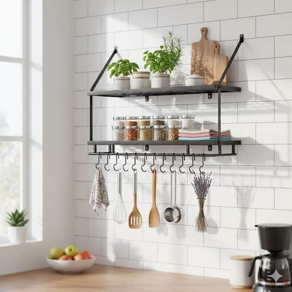 Matte Black 2-Tier Wall Mounted Pot Rack Hanging Kitchen Storage Organizer with Guard Rail and 12 Hooks