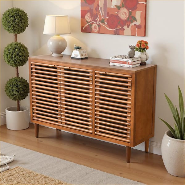 Modern 3-Door Brown 31 in. Storage Cabinet with Slatted Doors
