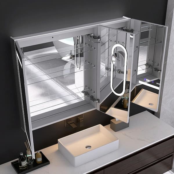 48 in. W x 36 in. H Rectangular Silver Aluminum Recessed/Surface Mount Medicine Cabinet with Mirror and LED