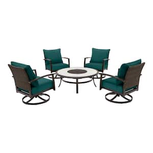 Whitfield 5-Piece Dark Brown Metal Outdoor Patio Round Fire Pit Seating Set with CushionGuard Malachite Green Cushions