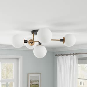 Modern 22.24 in. 5-Lights Globe Flush Mount Black and Gold Ceiling Light with Frosted White Glass
