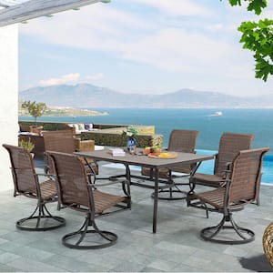 7-Piece Patio Dining Set, Outdoor Dining Set 60 in. Rectangular Metal Table with Umbrella Hole and 6 Wicker Swivel Chair
