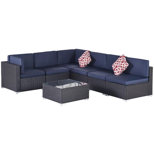 GOSHADOW Black 7-Piece Wicker Patio Conversation Sectional Seating Set with 2 Pillows and Dark Blue Cushions