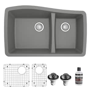Grey Quartz Composite 33 in. 60/40 Double Bowl Undermount Kitchen Sink with Bottom Grids and Strainers