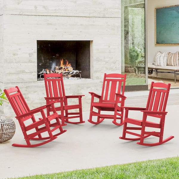 OrangeOne Red Recycled Plastic HDPS Porch Patio Adirondack Outdoor Rocking Chair Porch Rocker Patio Rocking Chairs (Set of 4)