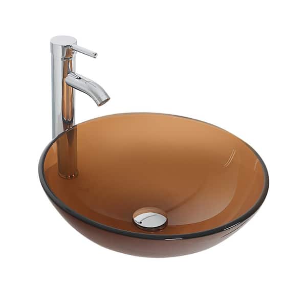 Puluomis Translucent Brown Glass Round Vessel Sink With Faucet Pop-Up Drain Set