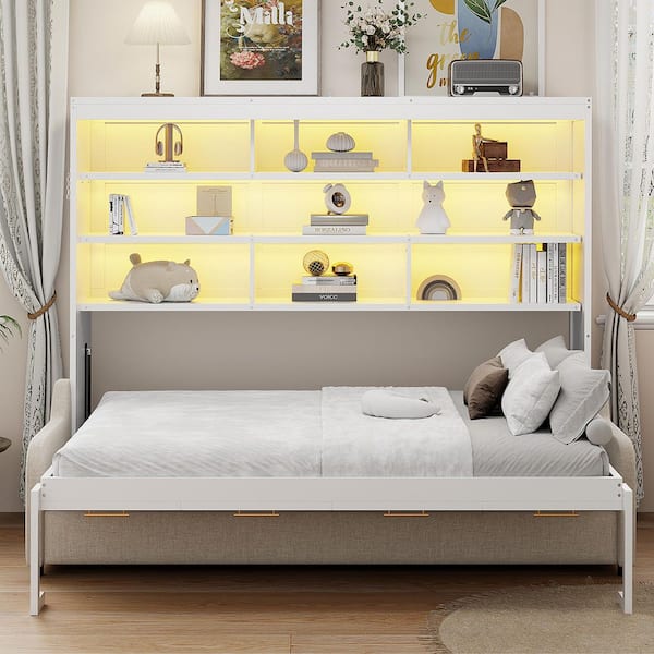 Harry Beige Wood Frame Queen Size Murphy Bed with Folding Sofa, Built-in Storage Shelves, LED Light