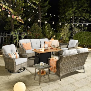 Eureka Grey 6-Piece Wicker Outdoor Patio Conversation Sofa Loveseat Set with a Storage Fire Pit and Light Grey Cushions
