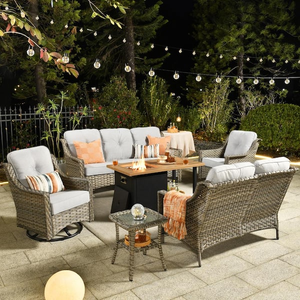 Toject Eureka Grey 6-Piece Wicker Outdoor Patio Conversation Sofa Loveseat Set with a Storage Fire Pit and Light Grey Cushions