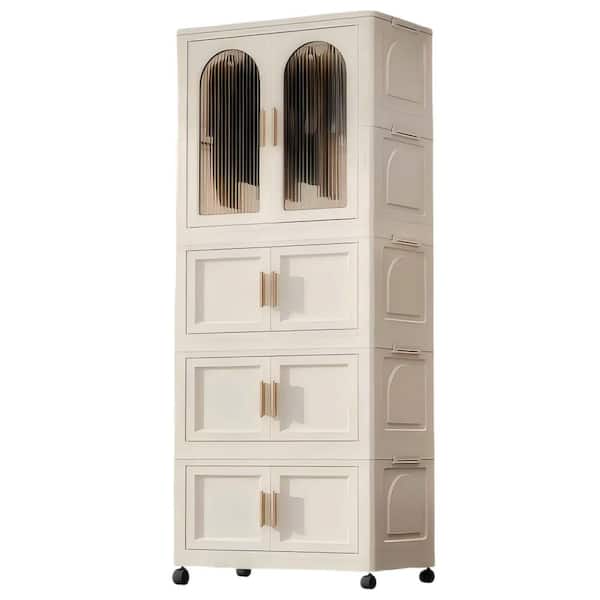 25.59 in. W x 15.75 in. D x 70.87 in. H Cream White Folding Linen Cabinet with Magnetic Door, Wheels