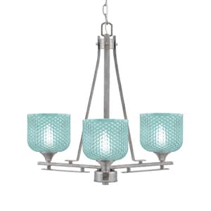 Ontario 19.25 in. 3 Light Aged Silver Geometric Chandelier for Dinning Room with Turquoise Shades, no bulbs included