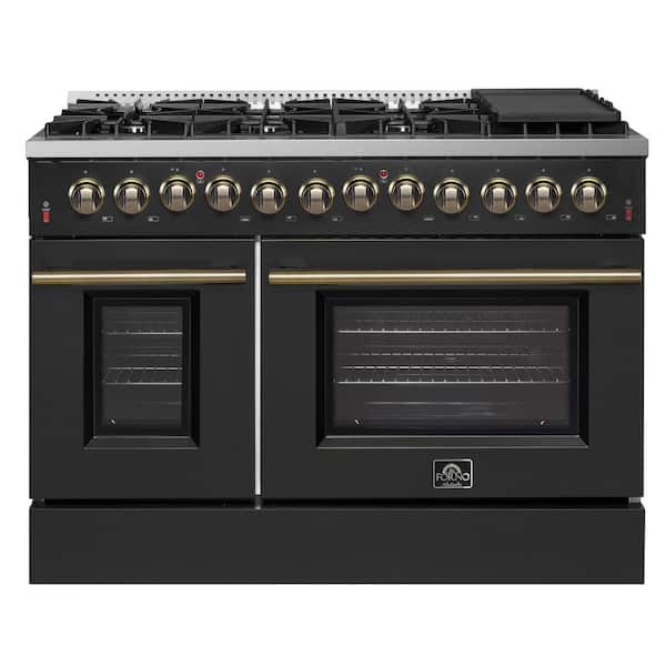 Forno Galiano 48 in. 6.58 cu. ft Double Oven Dual Fuel Range with Gas Stove and Electric Oven in. Stainless Steel w/Black Door