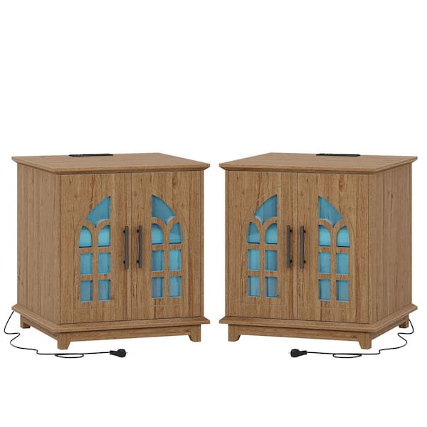BYBLIGHT 23.6 in. Brown Nightstand with Charging Station and RGB Light, Farmhouse Night Stand Square Bedside Table (Set of 2)