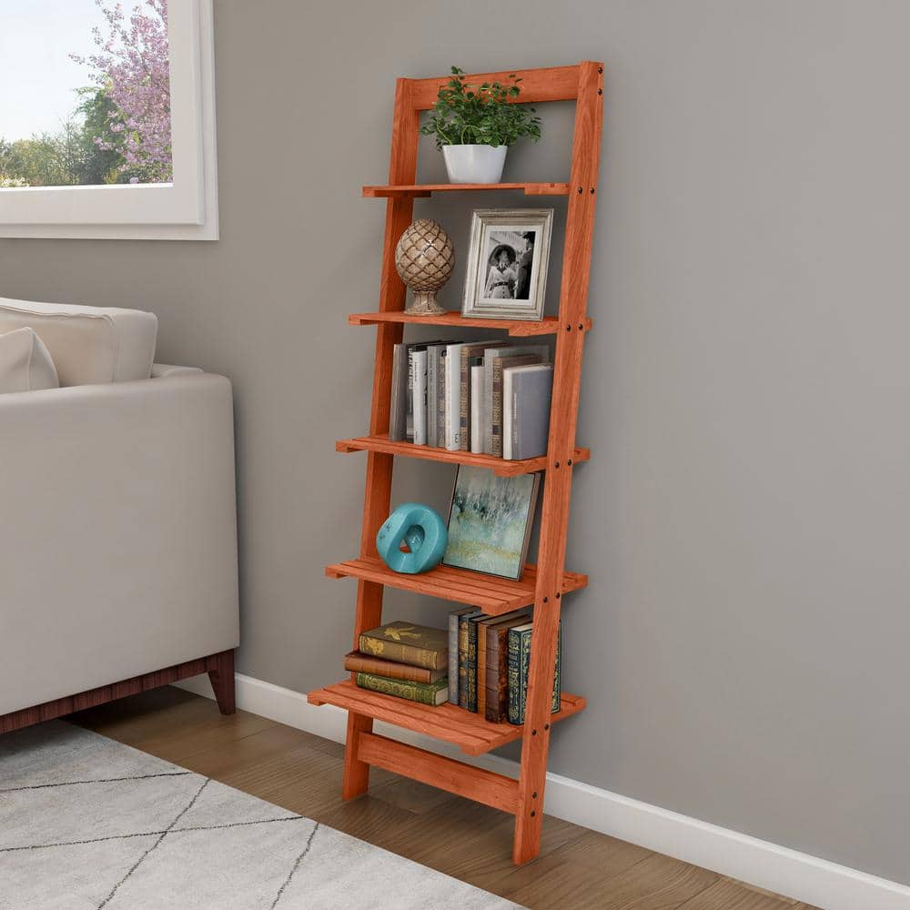 Lavish Home 50 in. Cherry Wood 5-shelf Ladder Bookcase with Open
