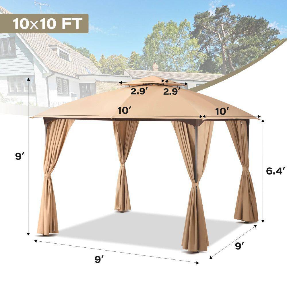 10x10 Khaki Steel Patio Gazebo with Privacy Curtains