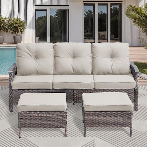 Nyajiah Dark Brown Wicker Outdoor Sofa Set Patio Sofa Sectional Couch with Beige Cushions and Ottomans