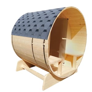 Outdoor Indoor Finland Pine Wet Dry Barrel Sauna 3-5 Person Front Porch Canopy 4.5 kW ETL Certified Bitumen Shingle Roof
