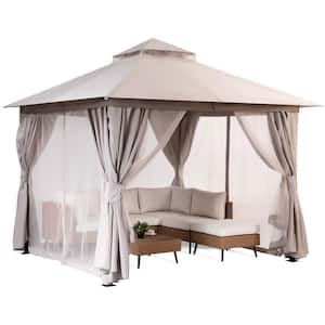 10 ft. x 10 ft. Khaki Outdoor Patio Gazebo with Double Roof, Nettings and Privacy Screens