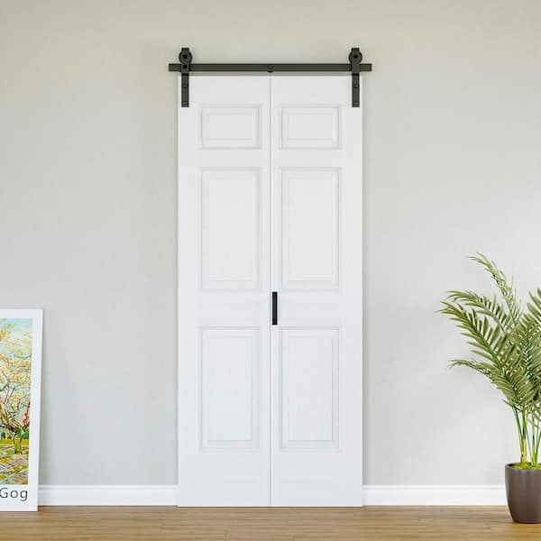 36 in. x 84 in. Paneled 6-Lite White Primed Hollow Core MDF Composite Bi-fold Door with Bifold Barn Door Hardware