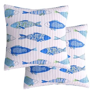 Catalina Fish Blue, Green and White Print Cotton 26 in. x 26 in. Euro Sham (Set of 2)