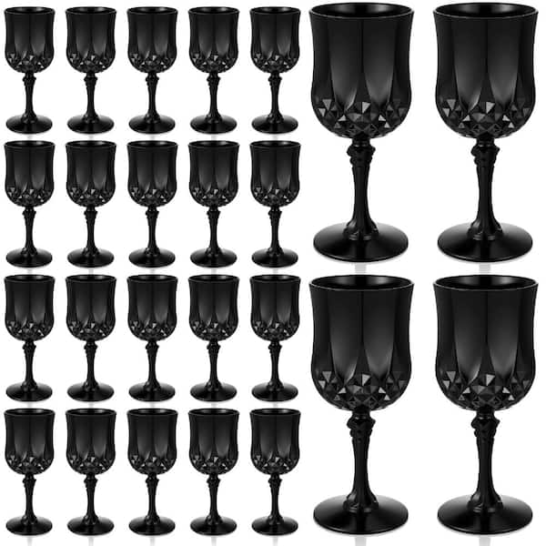 20-Pack 7 oz Black Reusable Plastic Goblet Wine Glasses with Retro Embossed Diamond Pattern for Weddings