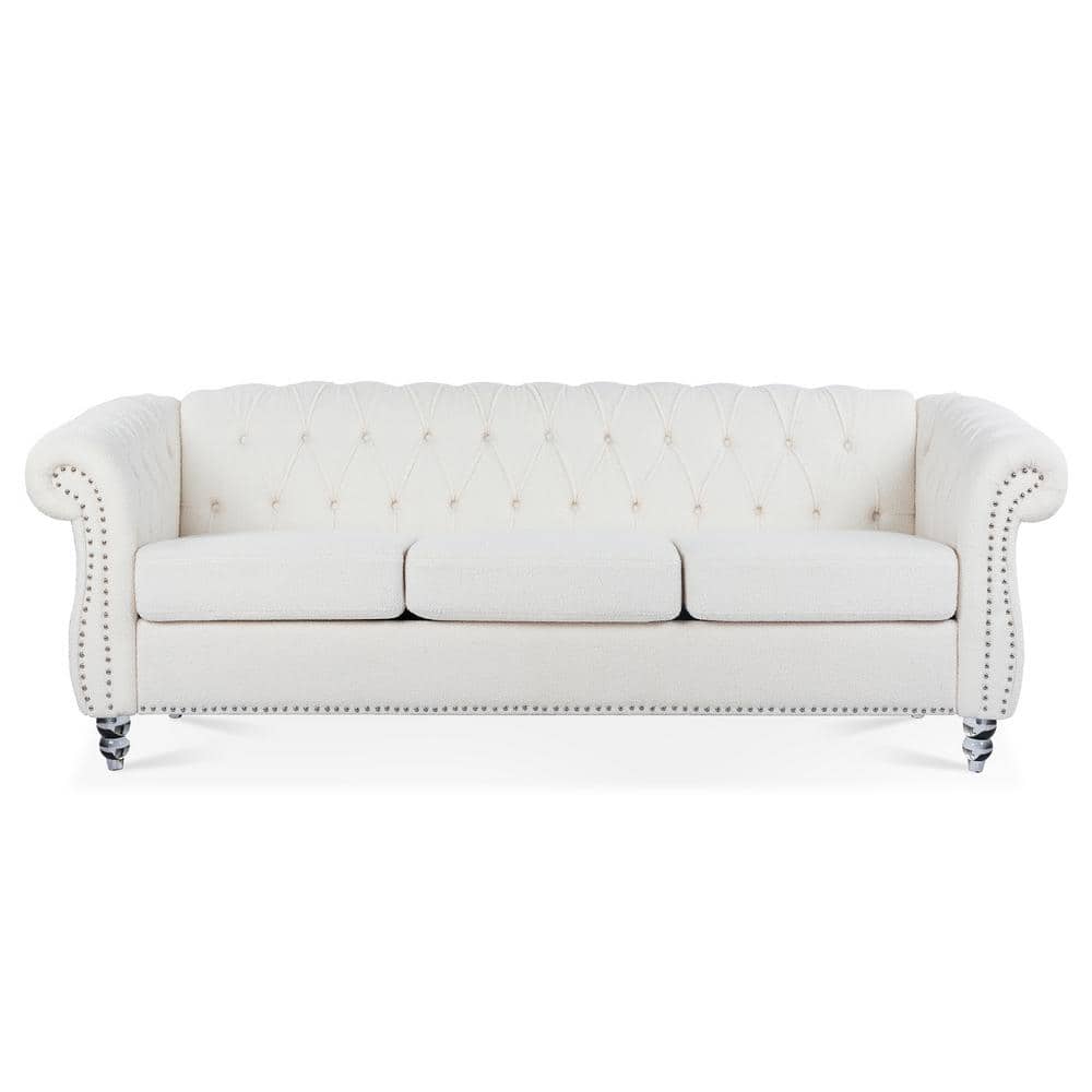 Chesterfield 84.65 in. W Rolled Arm Polyester Straight 3-Seat Sofa with Pocket Springs in White
