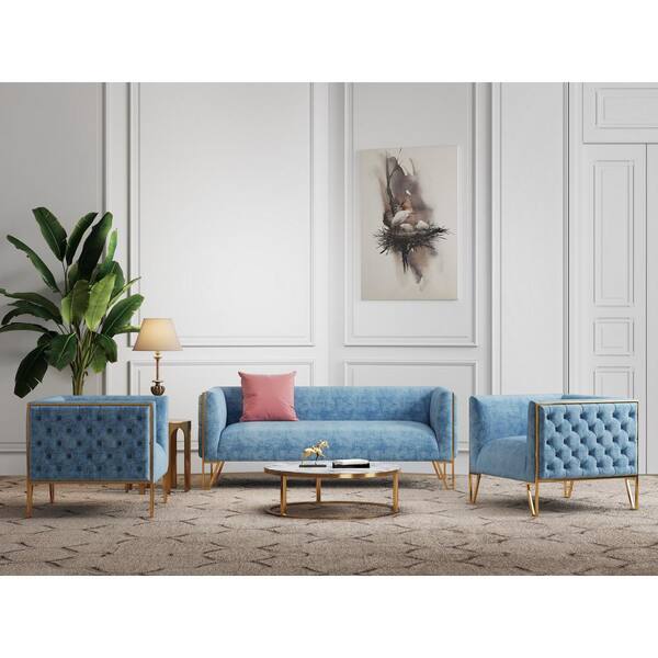 Manhattan Comfort Vector 3 Piece Ocean Blue and Gold Sofa and Armchair Set