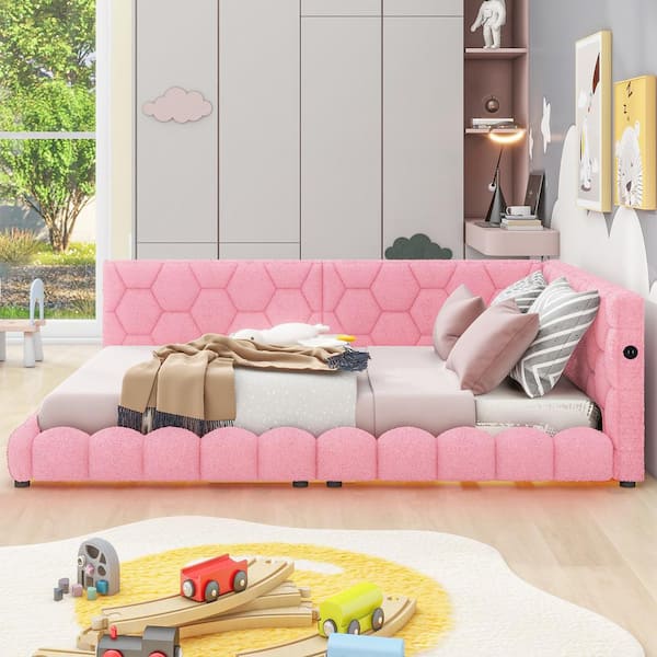 Pink Wood Frame Full Size Platform Bed with USB Ports and LED belt