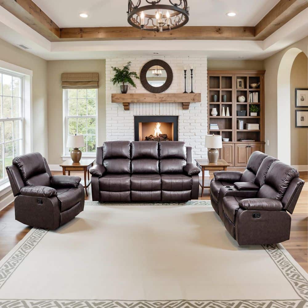 182 in. Overall Pillow Top Arm Leather Rectangle Recliner Sofa Set in Brown, 6-Seats Sectional with Storage, Cup Holders