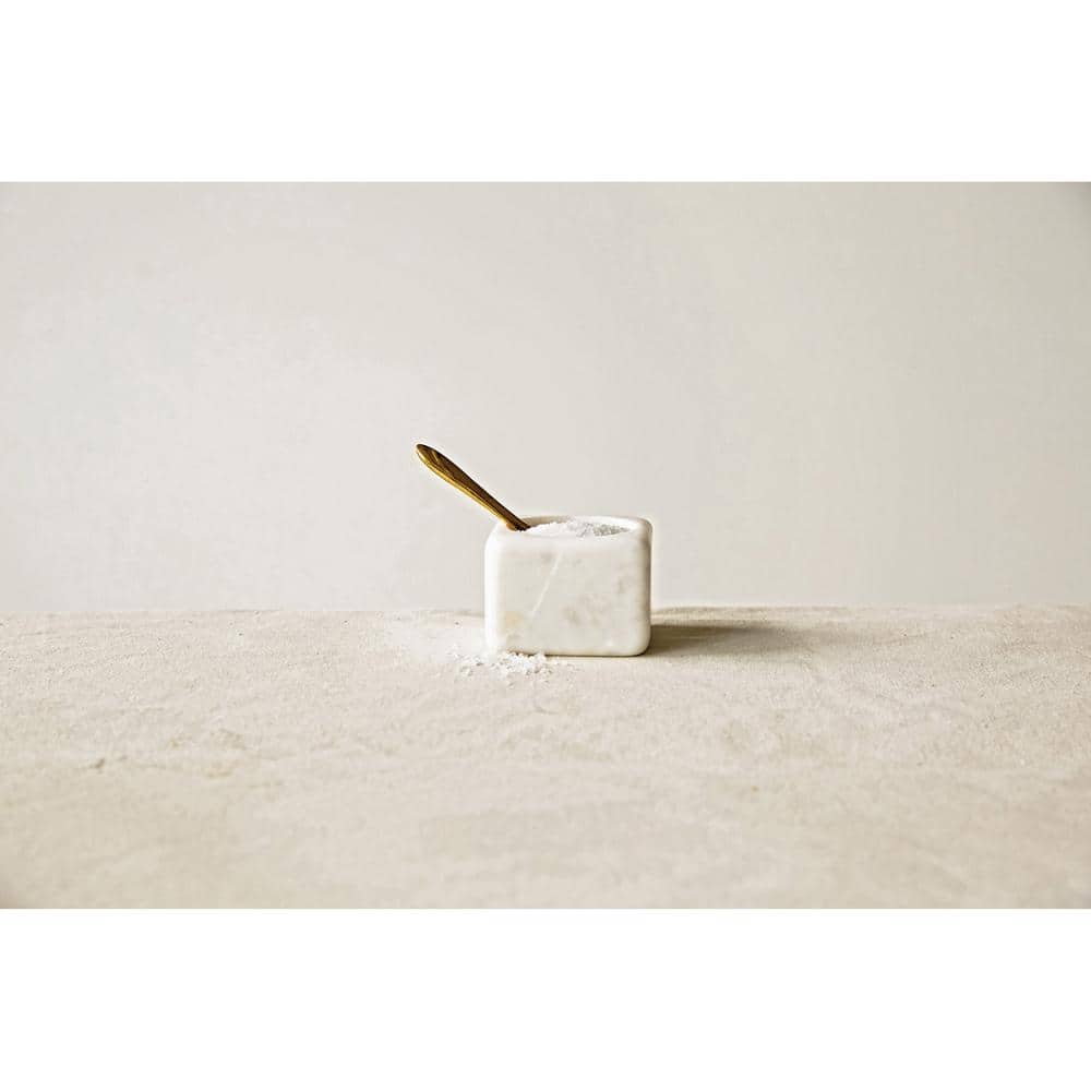 Square White Marble Bowl with Brass Spoon Set