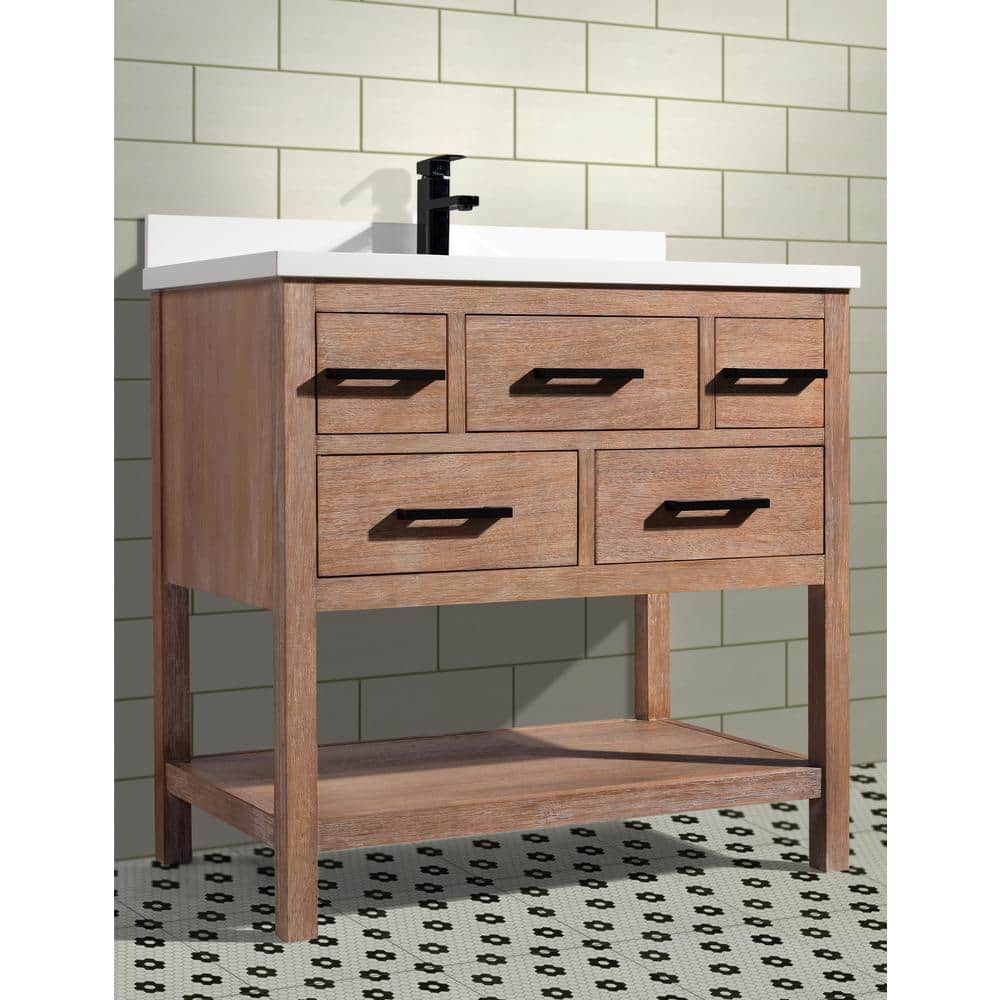 Weathered Brown 36" Solid Wood Farmhouse Vanity with Quartz Top