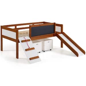 Brown Espresso Pine Wood Twin Art Play Junior Low Loft Bed with Toy Boxes