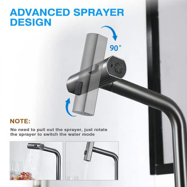15 in. Single Handle Pull Down Sprayer Kitchen Faucet with Waterfall Sweep Stream Mode 360° Spout Swivel in Matte Gary