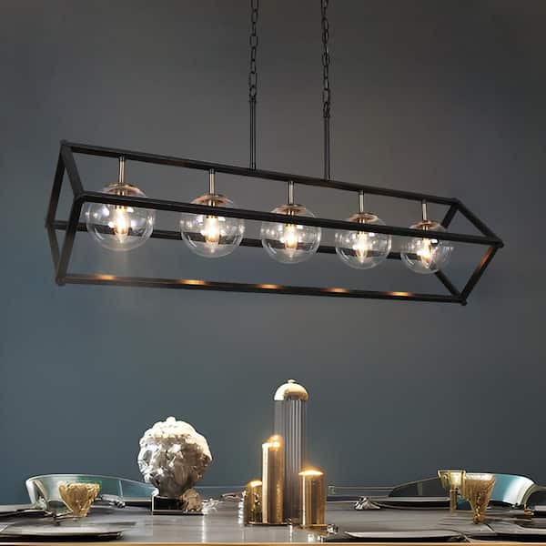 Large Modern Dining Room Linear Chandelier, 41.5 in. Black Island Pendant Light, Farmhouse Clear Glass Brass Chandelier