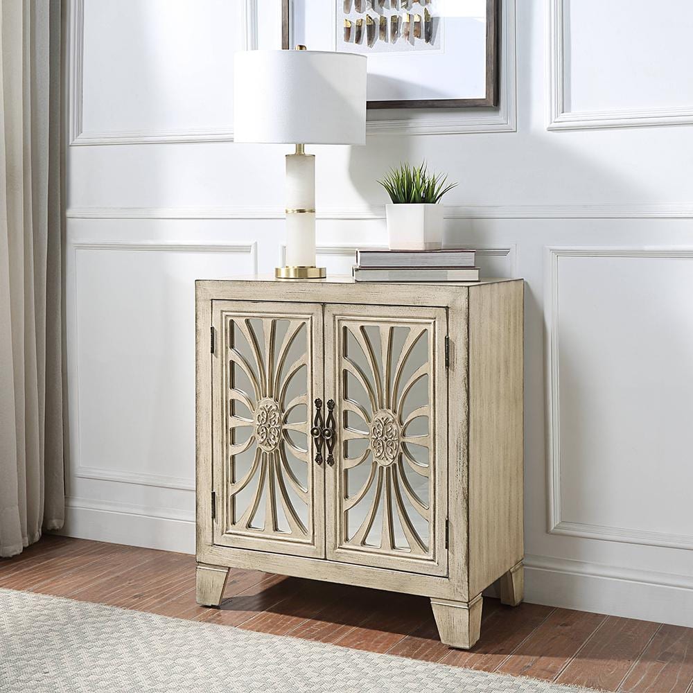 Antique White Wood and Glass Console Table with Storage