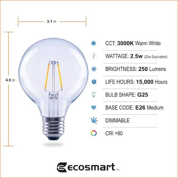 EcoSmart 25-Watt Equivalent G25 Dimmable Globe Clear Glass