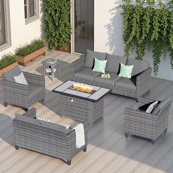 New Star Gray 6-Piece Wicker Patio Rectangle Fire Pit Conversation Seating Set with Dark Gray Cushions