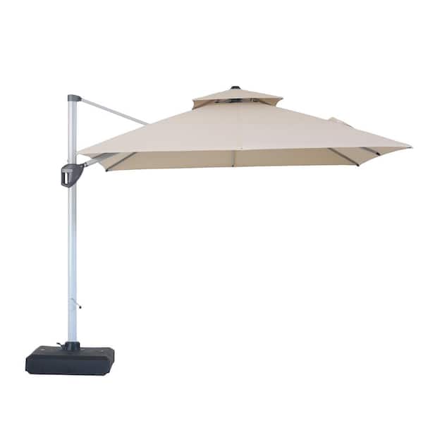 Clihome 10 ft. Outdoor Beige Patio Cantilever Square Umbrella with Base, Protective Cover, 360-Degree Rotating Foot Pedal