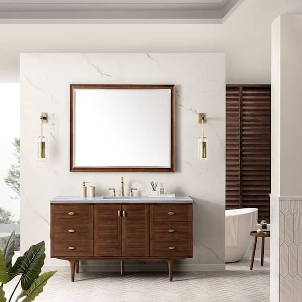 James Martin Vanities Amberly 60.0 in. W x 23.5 in. D x 34.7 in. H Bathroom Vanity in Mid-Century Walnut with Arctic Fall Solid Surface Top