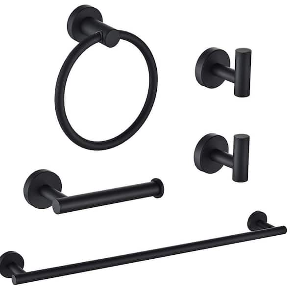 5-Piece Bath Hardware with Towel Bar Towel Hook Toilet Paper Holder and Towel Ring Set in Matte Black