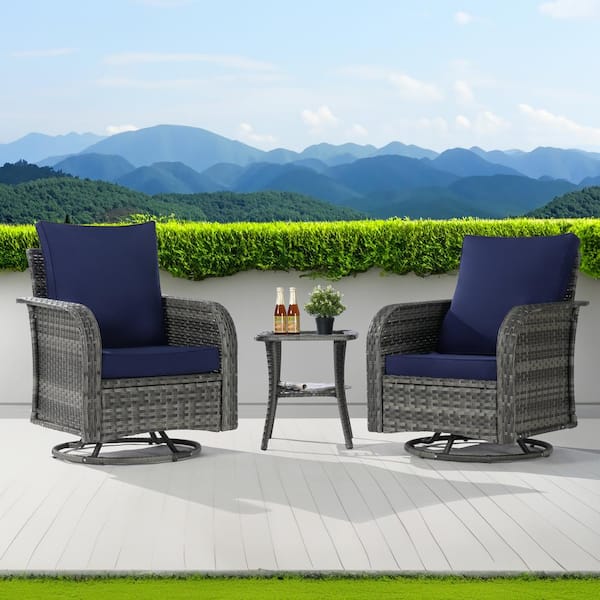 SANSTAR Gray 3-Piece Patio Wicker Swivel Chair Outdoor Bistro Set with Navy Blue Cushion