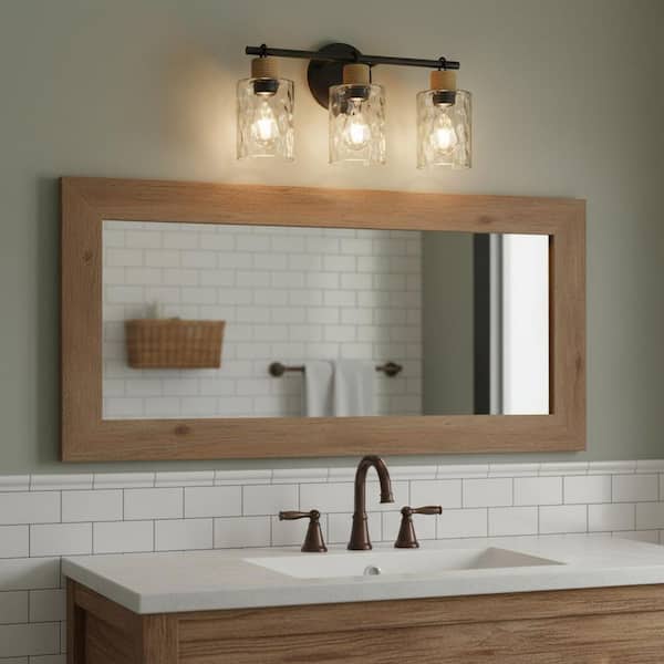 24 in. 3-Light Black Modern Coastal Vanity Light with Clear Water Glass Shades for Bathroom