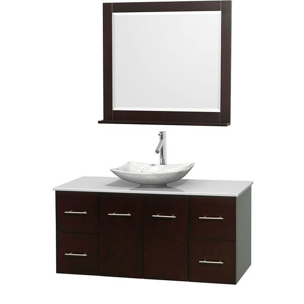 Wyndham Collection Centra 48 in. Vanity in Espresso with Solid-Surface Vanity Top in White, Carrara Marble Sink and 36 in. Mirror