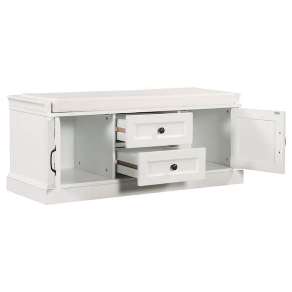 URTR White Storage Bench with Removable Cushion, Shoe Bench With 2 Drawers and 2 Cabinets(42.5"L x 15.9"W x 17.5"H)