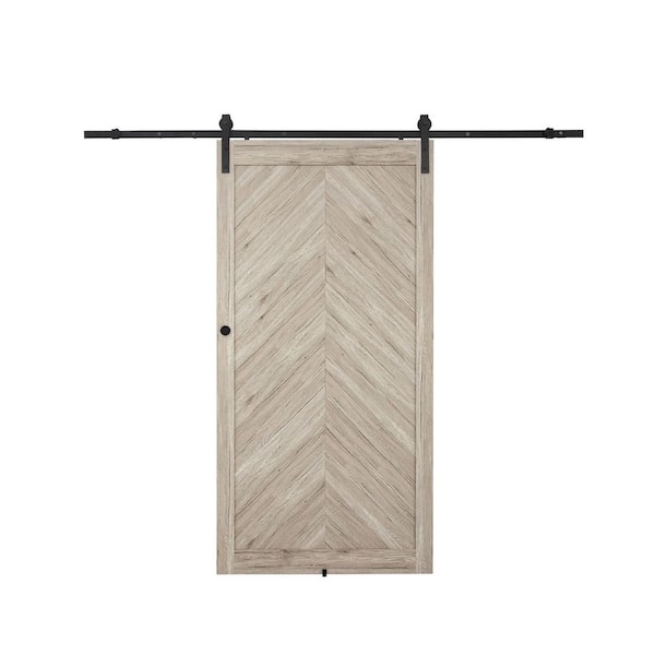 CHEVRON 36 in. x 84 in., Color is Driftwood, PVC Vinyl, Sliding Barn Door with Hardware Kit.