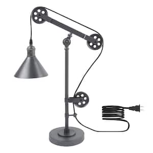 Industrial 24 in. Blackened Bronze Pulley Desk Table Lamp with Solid Wheel Pulley System