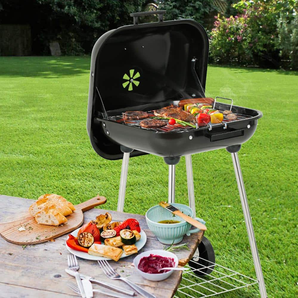 Portable 18-Inch Black Porcelain Charcoal Grill with Chrome-Plated Steel Grate